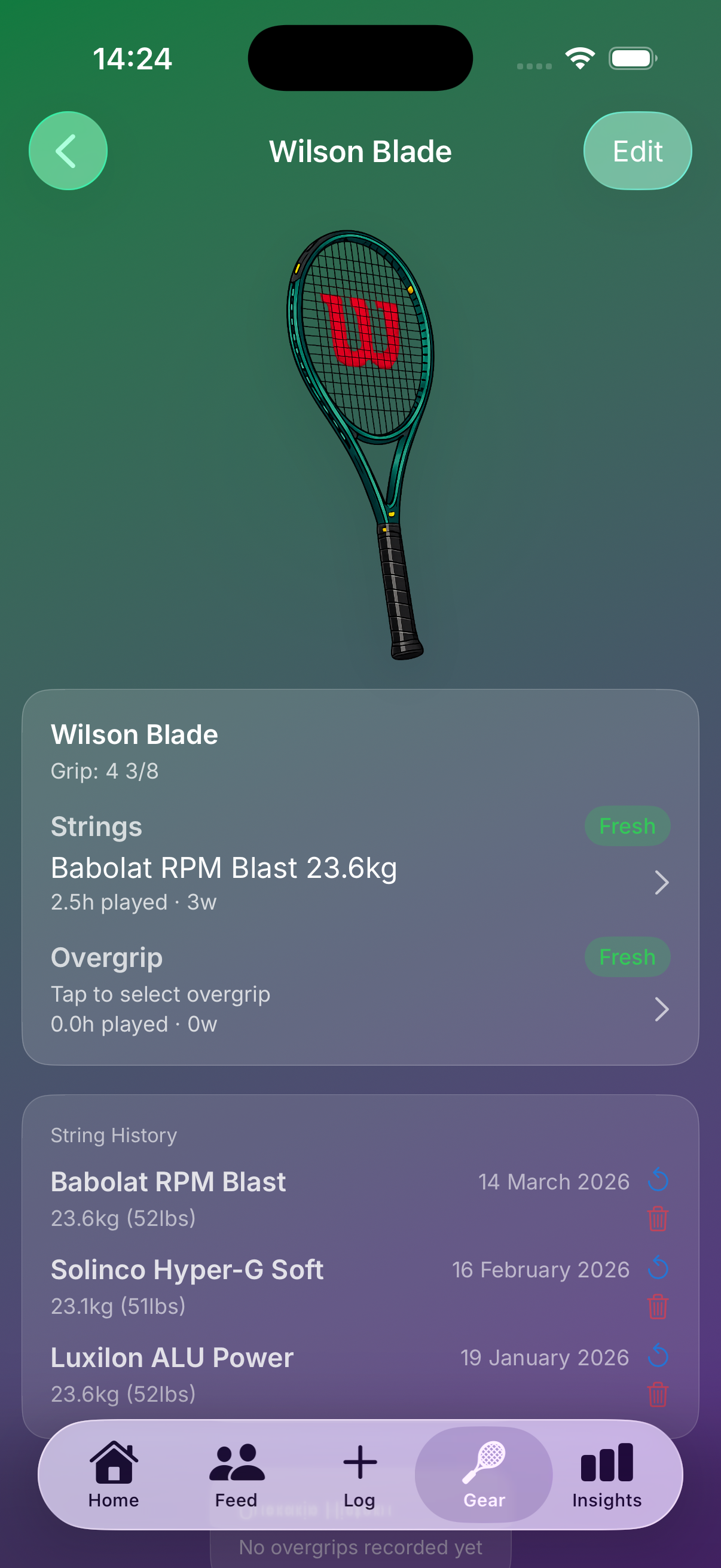 Gear tab showing a racket profile with string and string history details