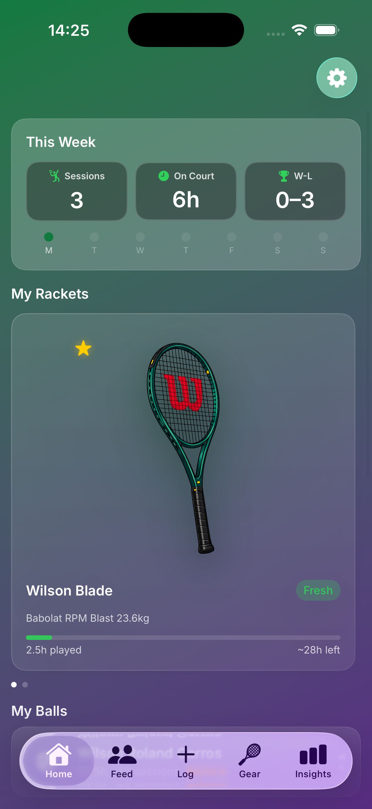 Tennis Caddy home dashboard showing weekly stats, rackets, and balls