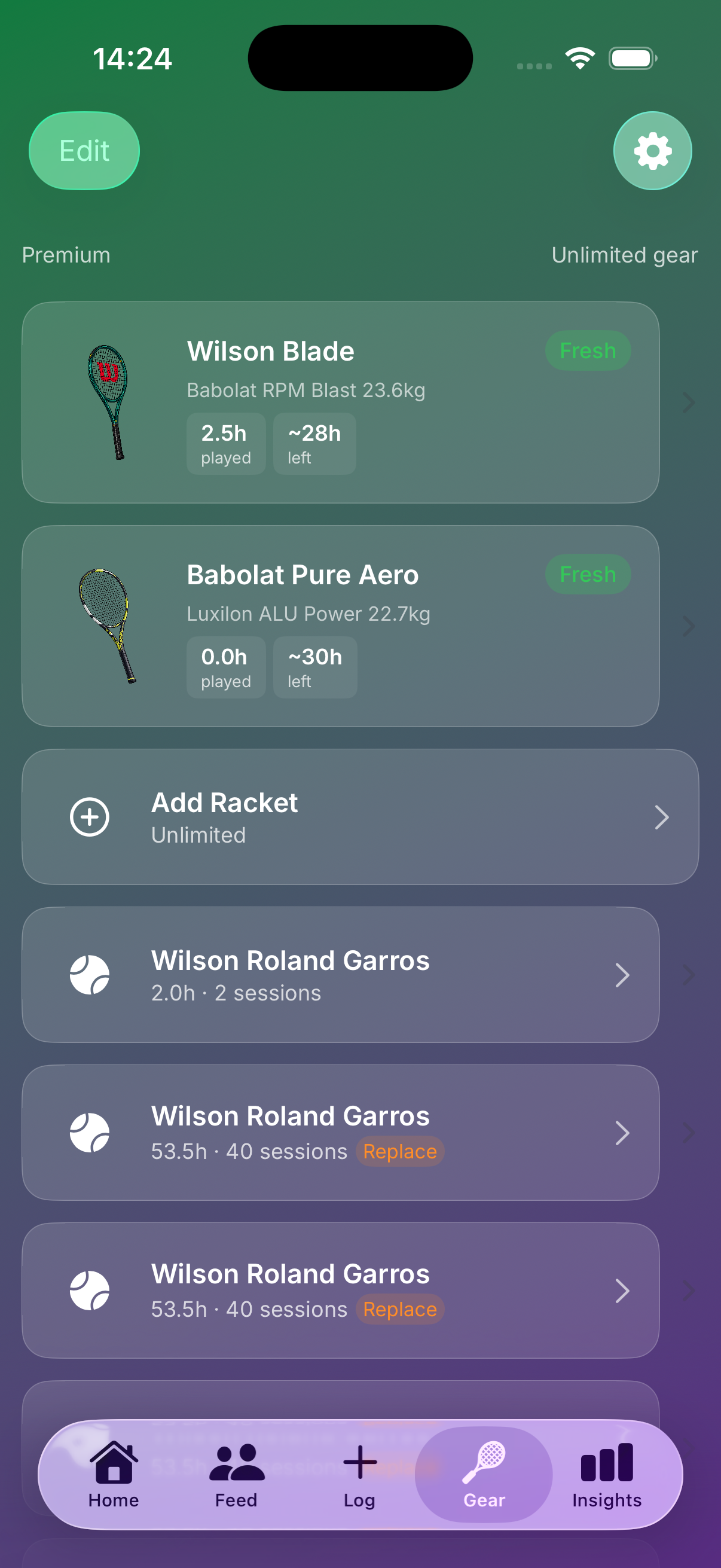 Gear management screen showing multiple rackets, ball sets, and freshness status