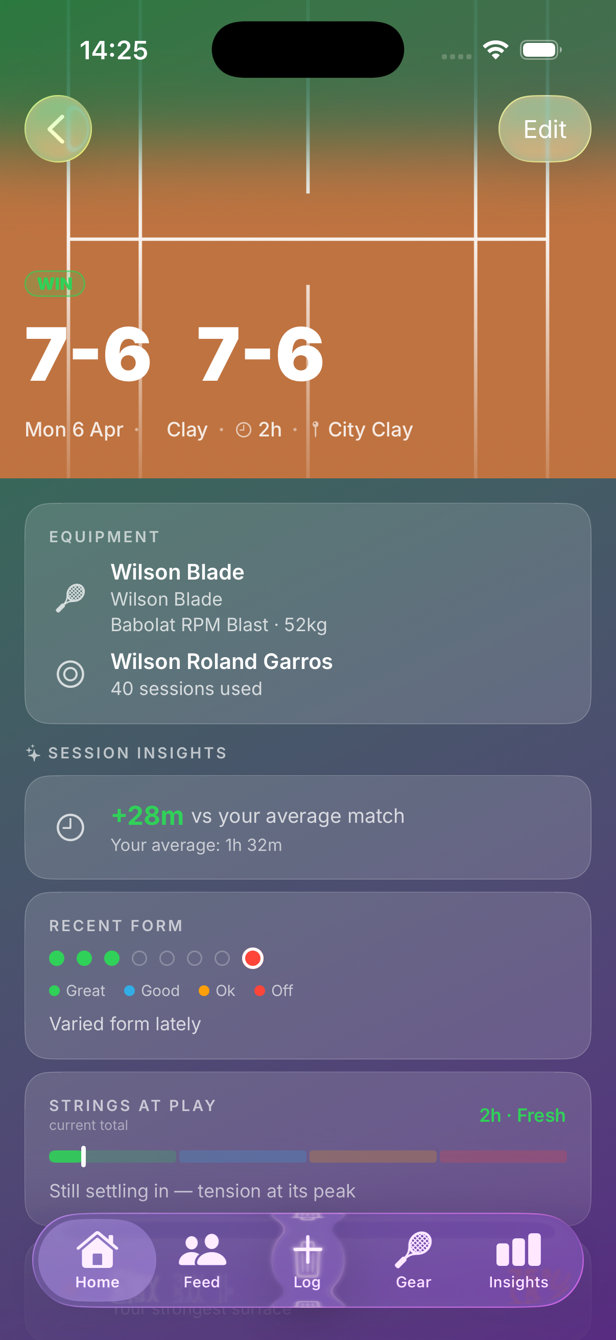 Session detail screen showing score, surface, duration, and session insights