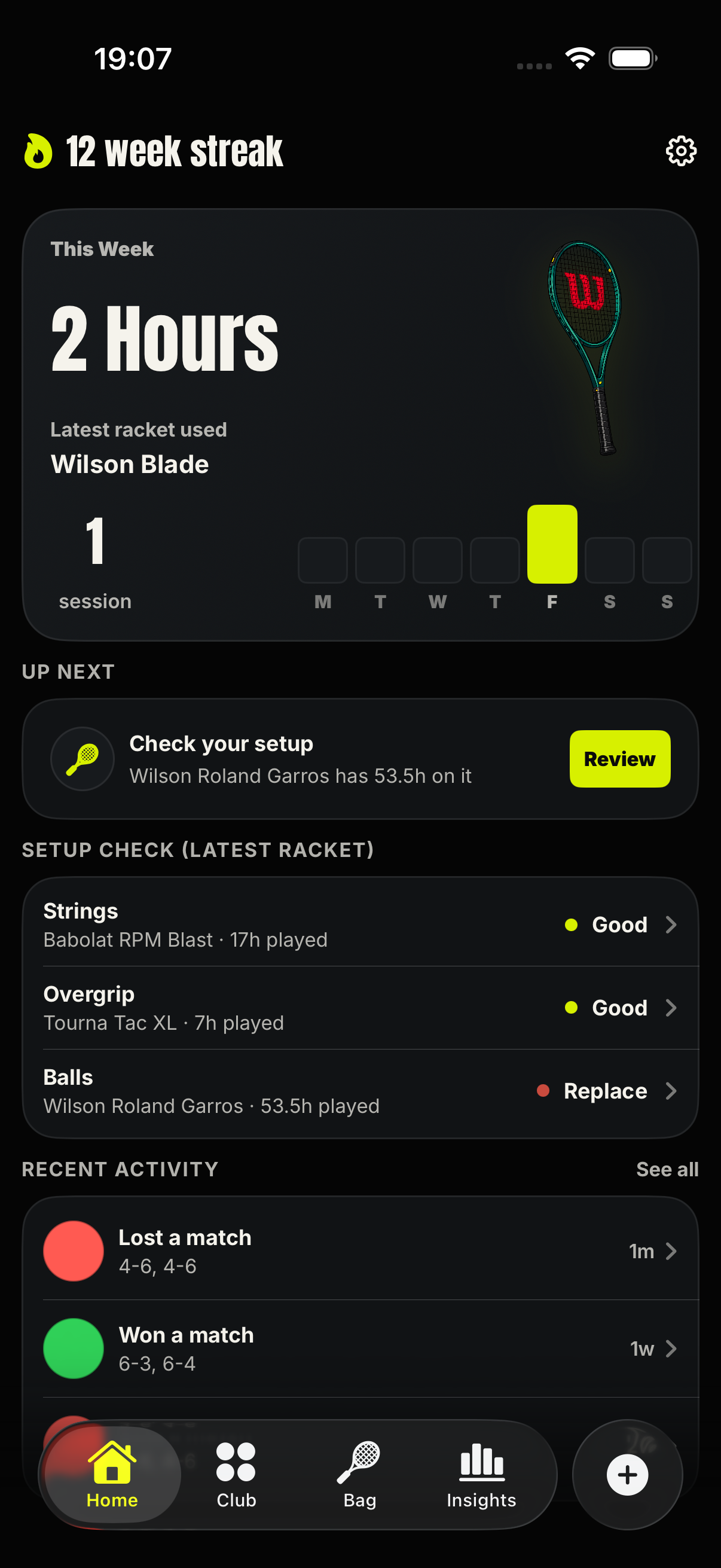 Tennis Caddy Home tab with racket carousel, weekly activity, and setup status