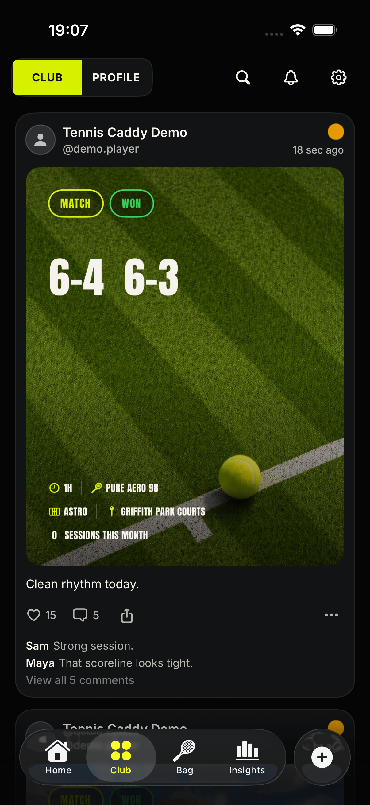 Tennis Caddy Club feed with player posts and session cards
