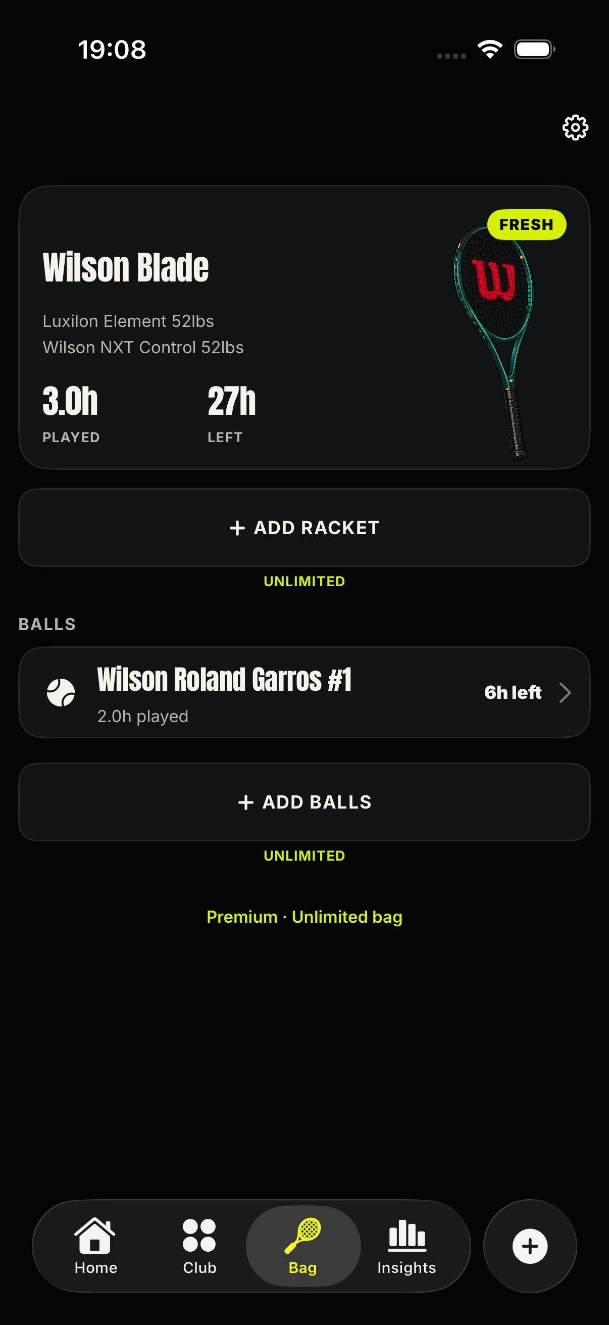 Tennis Caddy Bag tab with tracked rackets and balls