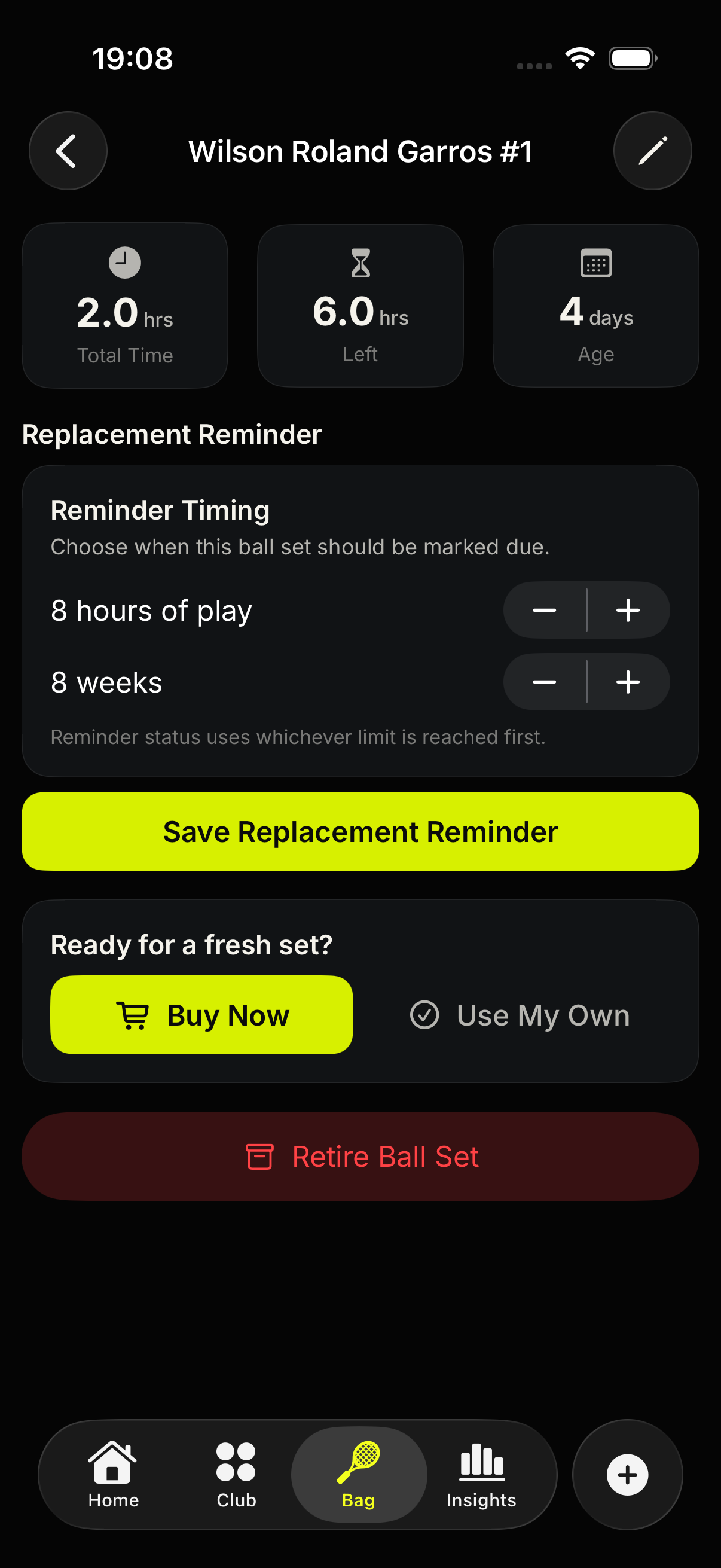 Tennis Caddy ball set detail with replacement reminder controls