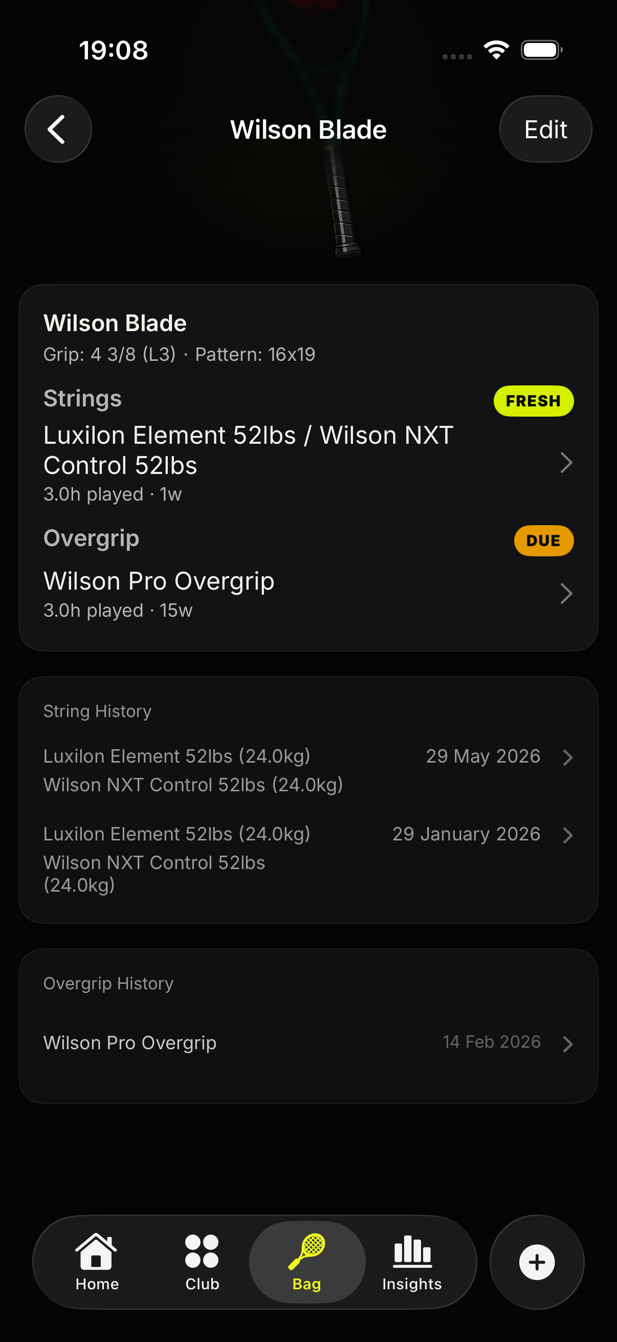 Tennis Caddy overgrip tracking and grip history