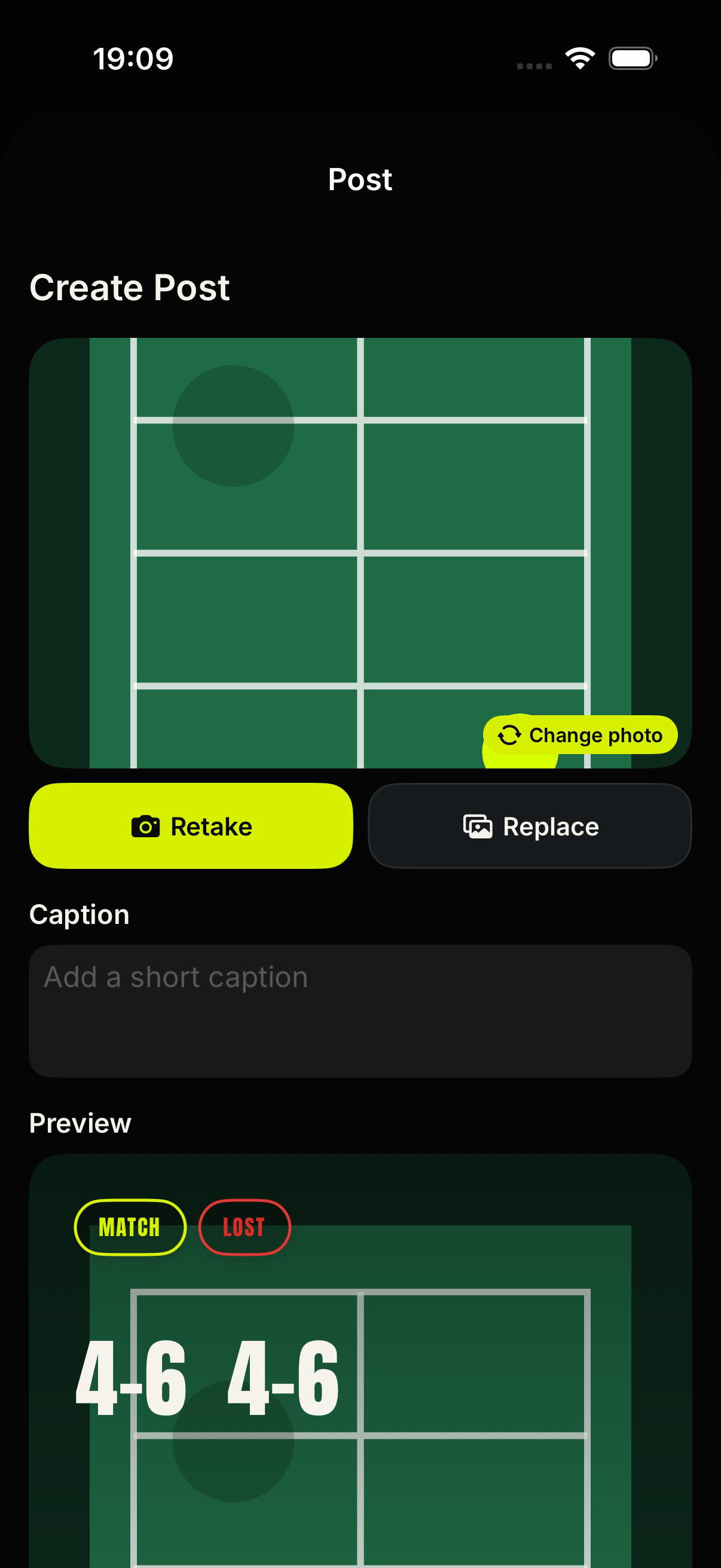 Tennis Caddy post composer with a session card preview