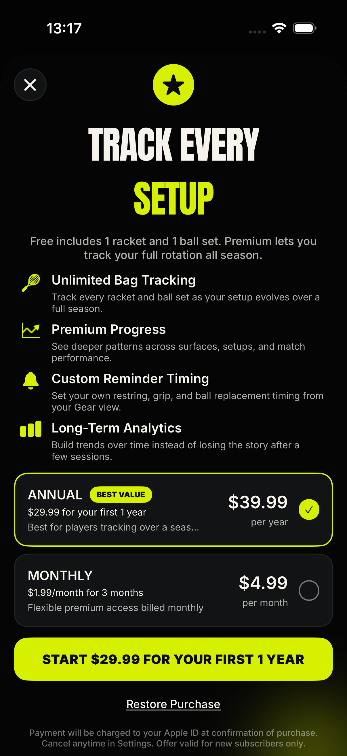 Tennis Caddy in-app Premium paywall with monthly and annual plans